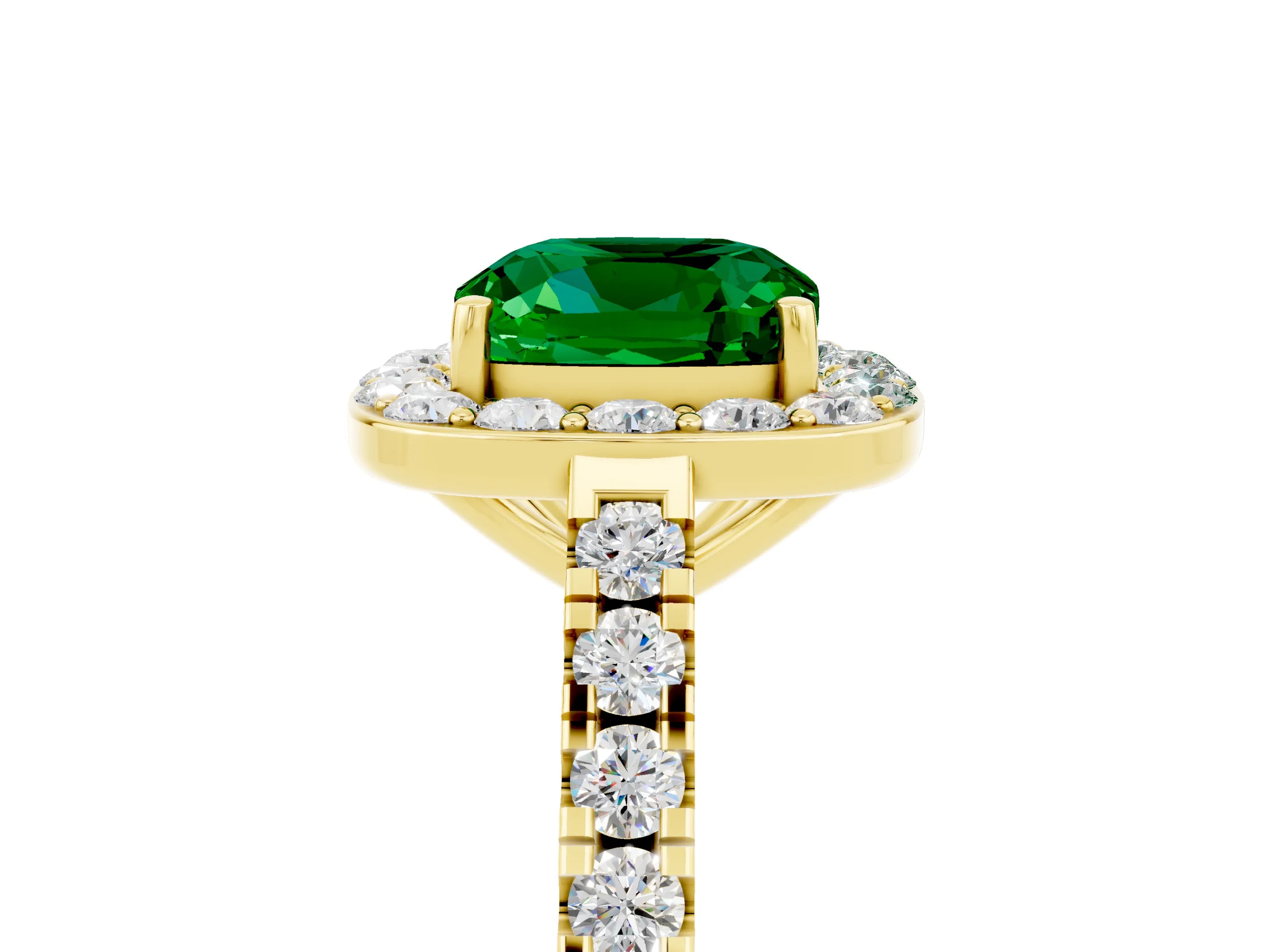 Yellow gold Cushion Cut Halo Diamond Ring with Pavé Band and Three-Prong Setting_5