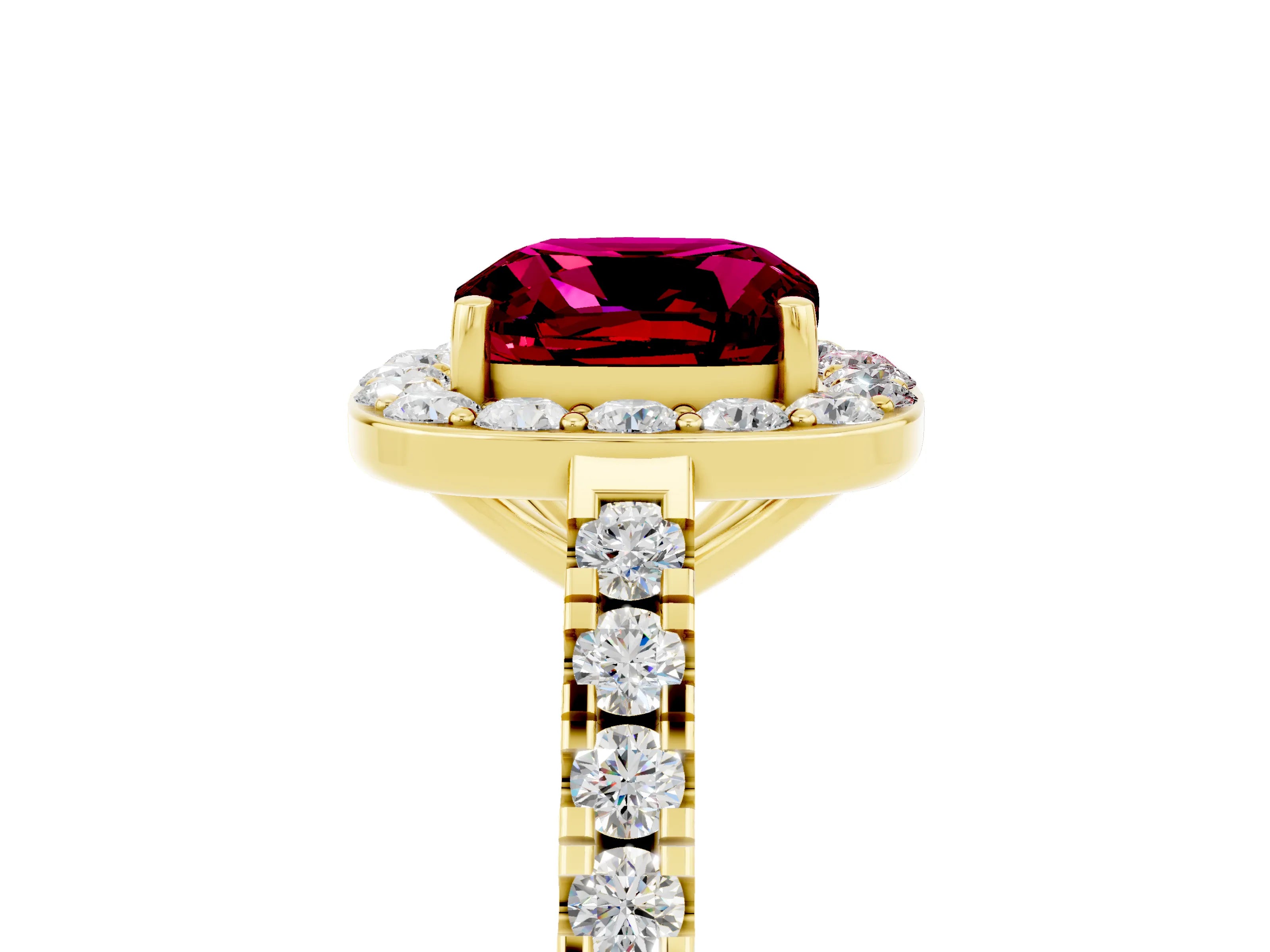 Yellow gold Cushion Cut Halo Diamond Ring with Pavé Band and Three-Prong Setting_5