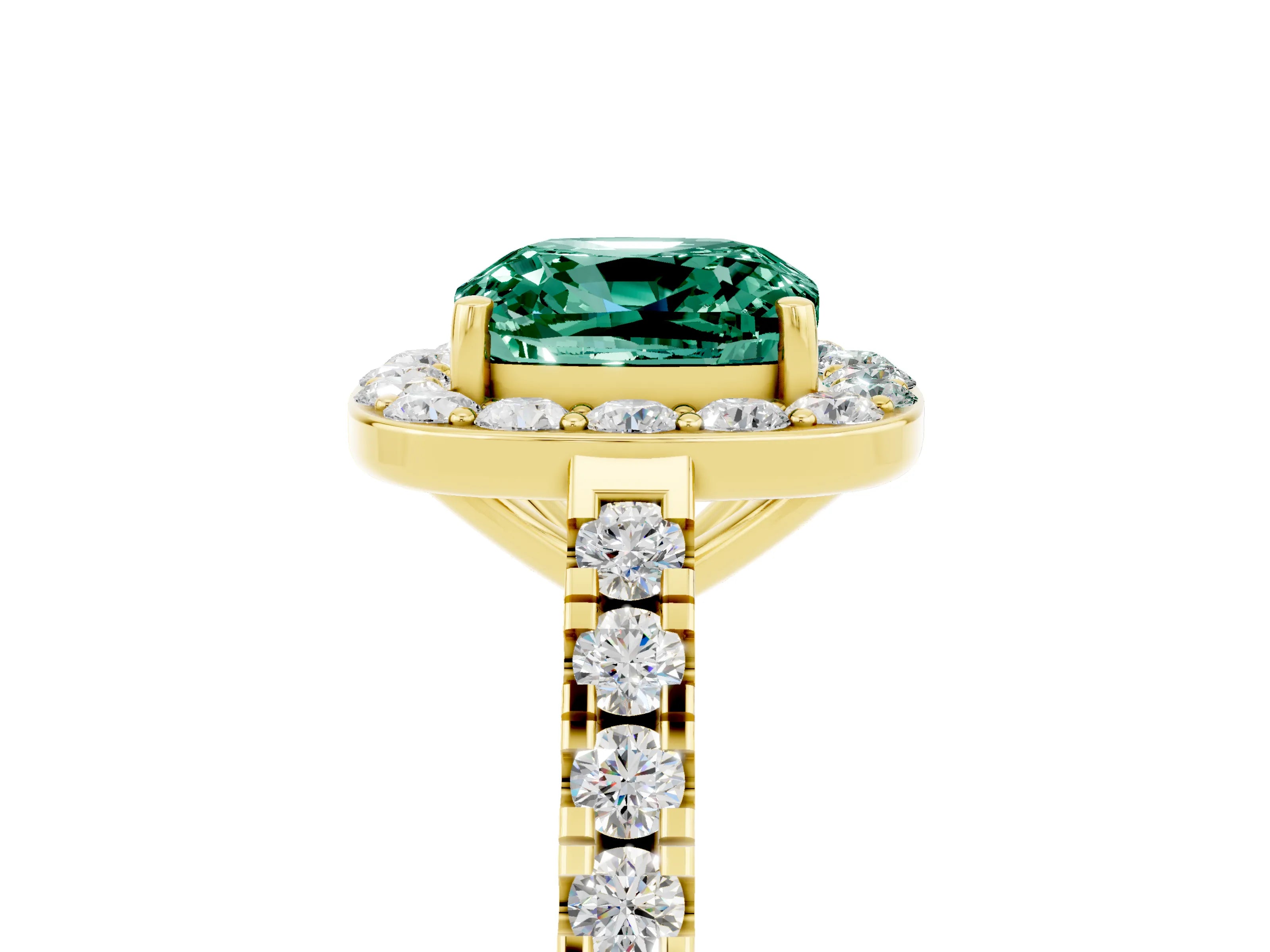 Yellow gold Cushion Cut Halo Diamond Ring with Pavé Band and Three-Prong Setting_5