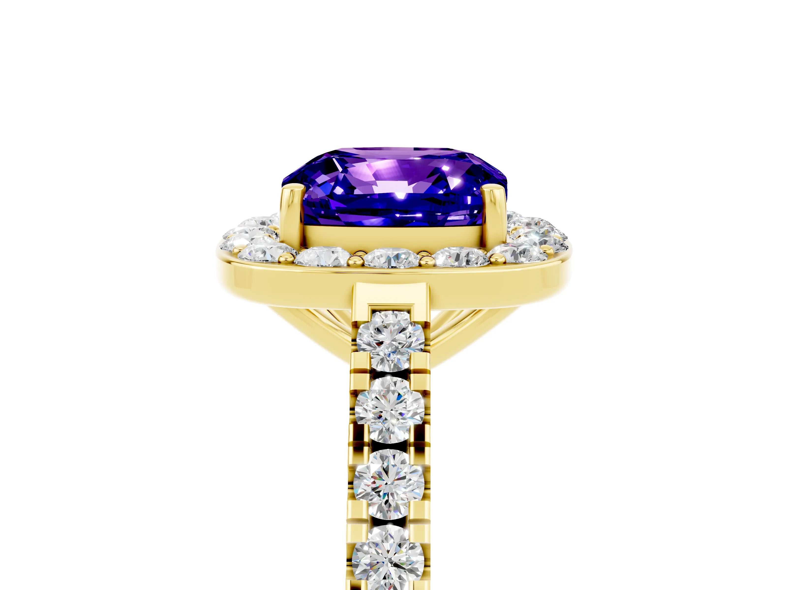 Yellow gold Cushion Cut Halo Diamond Ring with Pavé Band and Three-Prong Setting_5