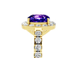 Yellow gold Cushion Cut Halo Diamond Ring with Pavé Band and Three-Prong Setting_5