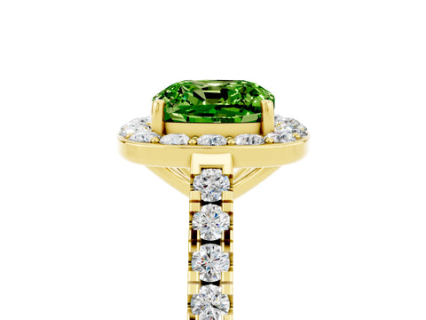 Yellow gold Cushion Cut Halo Diamond Ring with Pavé Band and Three-Prong Setting_5