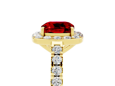 Yellow gold Cushion Cut Halo Diamond Ring with Pavé Band and Three-Prong Setting_5