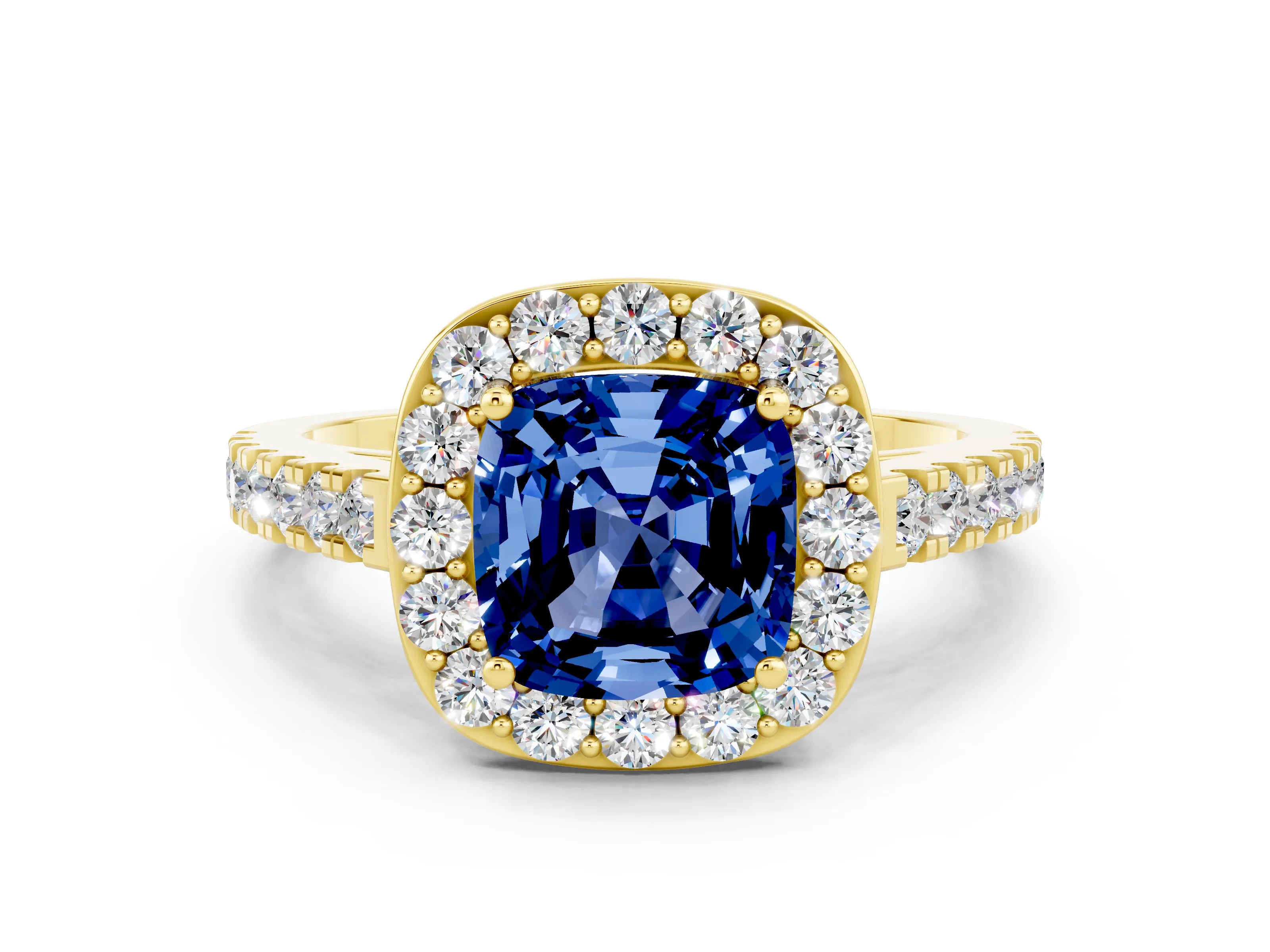 Yellow gold Cushion Cut Halo Diamond Ring with Pavé Band and Three-Prong Setting