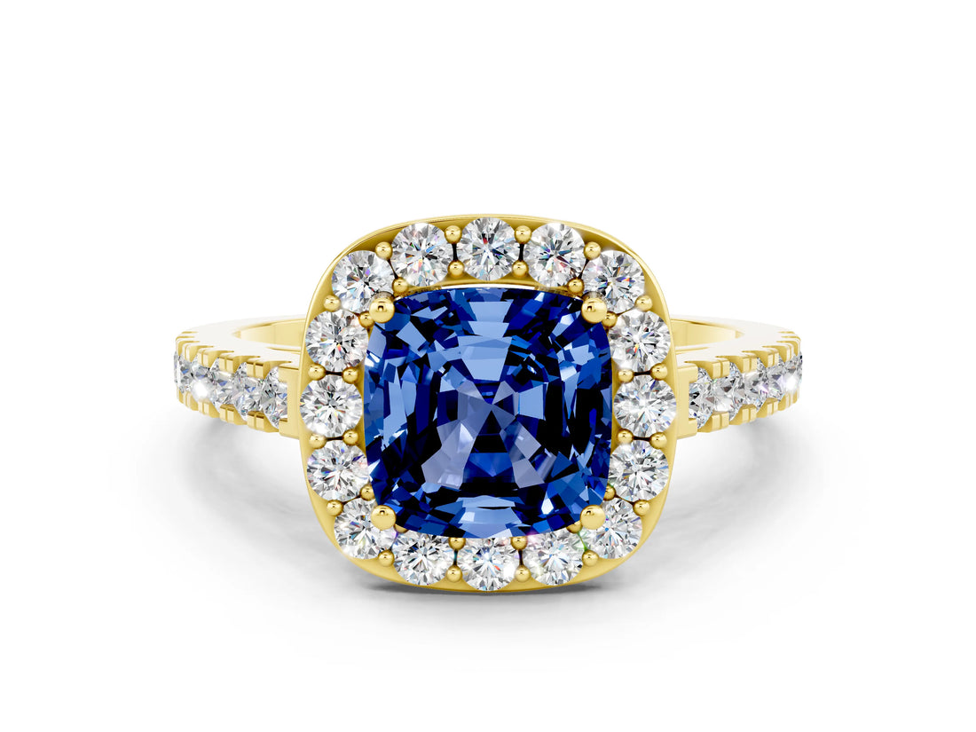 Yellow gold Cushion Cut Halo Diamond Ring with Pavé Band and Three-Prong Setting