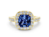 Yellow gold Cushion Cut Halo Diamond Ring with Pavé Band and Three-Prong Setting