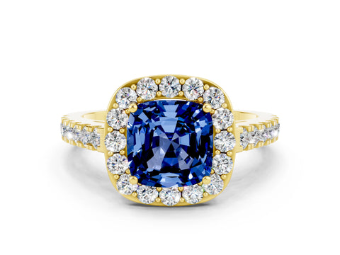 Yellow gold Cushion Cut Halo Diamond Ring with Pavé Band and Three-Prong Setting
