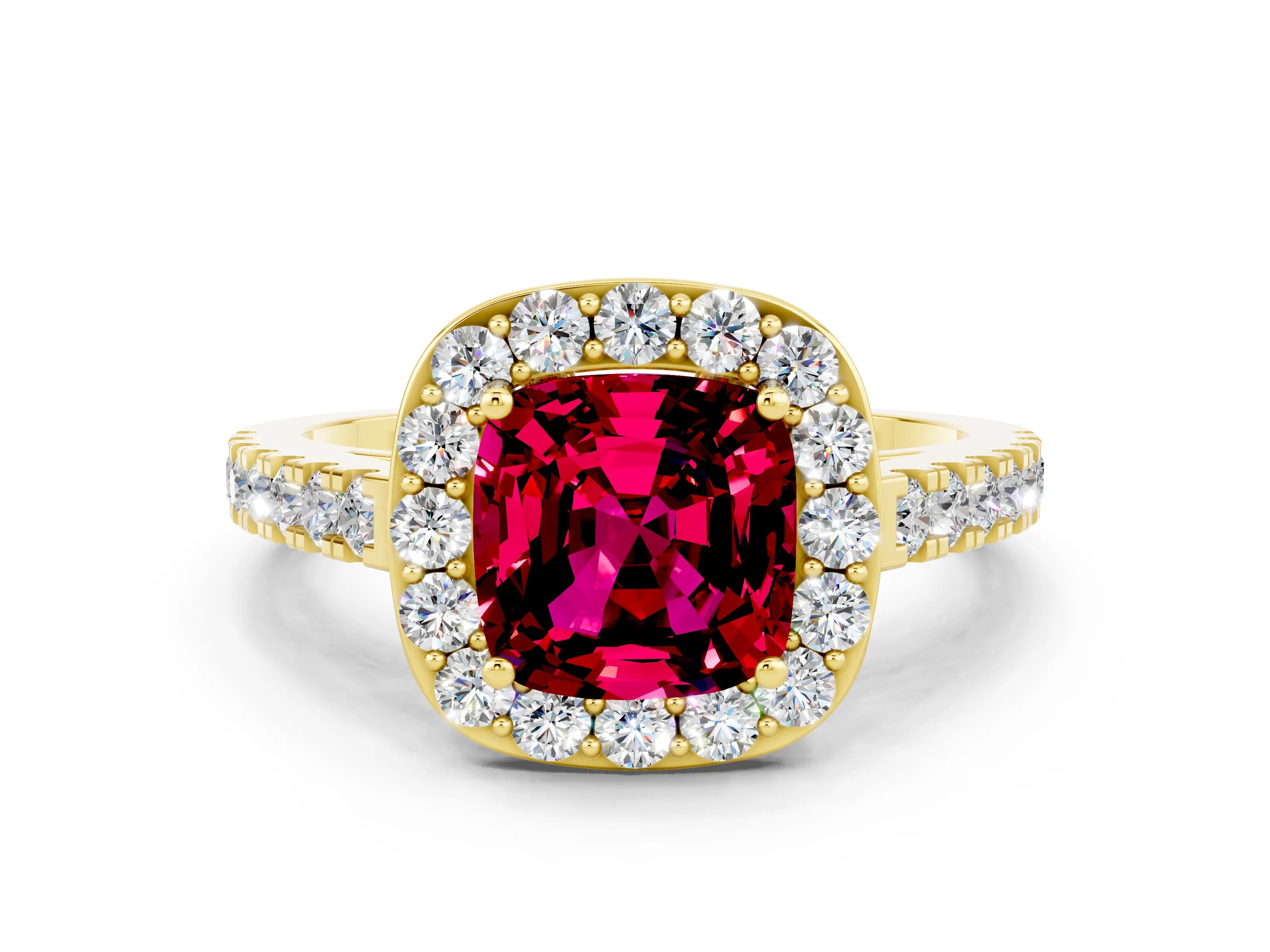 Yellow gold Cushion Cut Halo Diamond Ring with Pavé Band and Three-Prong Setting