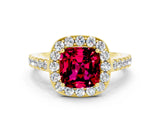 Yellow gold Cushion Cut Halo Diamond Ring with Pavé Band and Three-Prong Setting