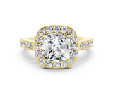 Yellow gold Cushion Cut Halo Diamond Ring with Pavé Band and Three-Prong Setting