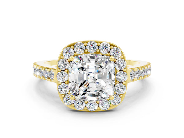 Yellow gold Cushion Cut Moissanite Halo Ring with Round Pavé Split Shank and Prong Setting