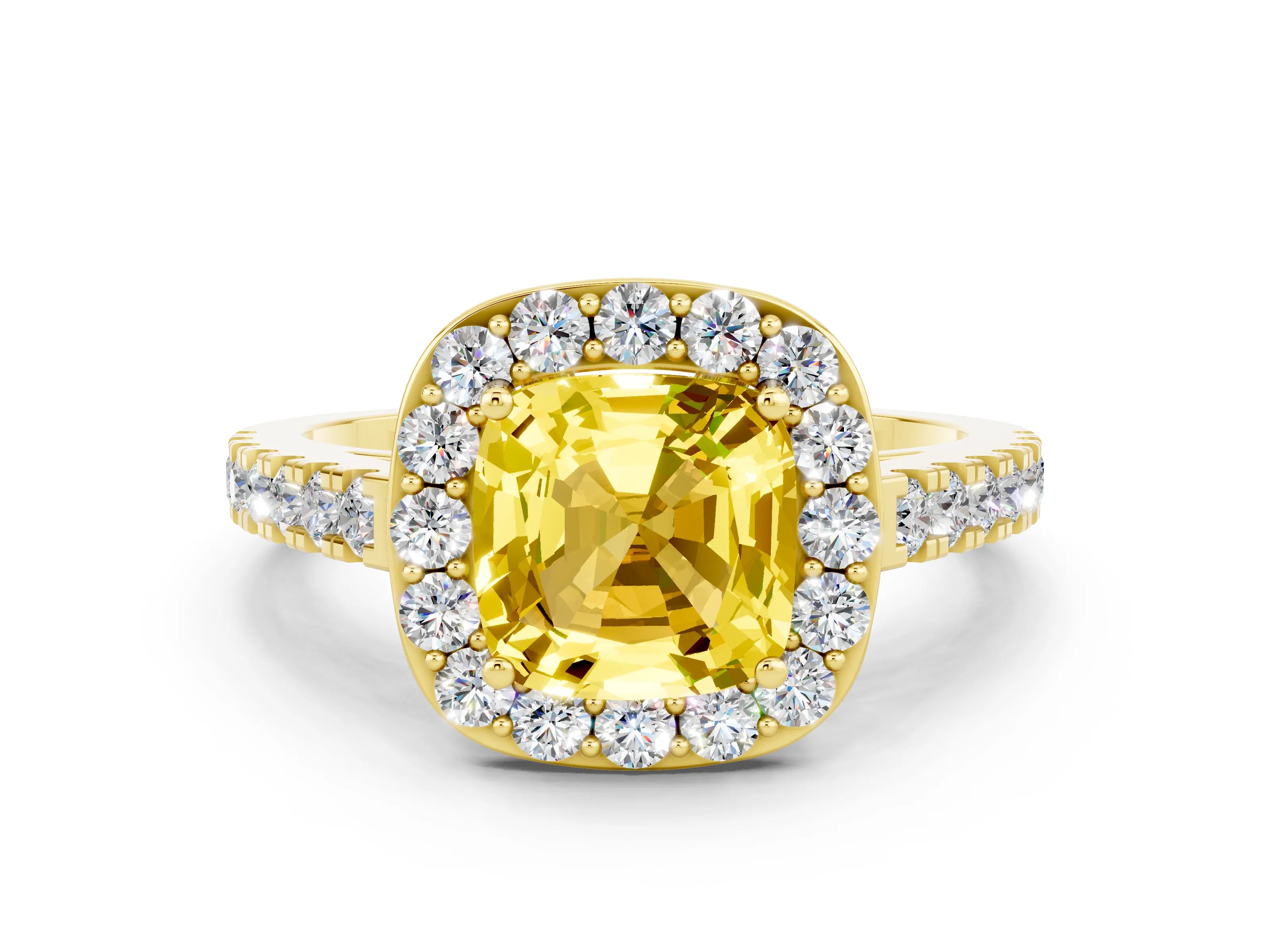 Yellow gold Cushion Cut Halo Diamond Ring with Pavé Band and Three-Prong Setting