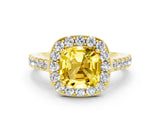 Yellow gold Cushion Cut Halo Diamond Ring with Pavé Band and Three-Prong Setting