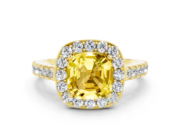 Yellow gold Cushion Cut Yellow Sapphire Halo Ring with Round Pavé Split Shank and Prong Setting