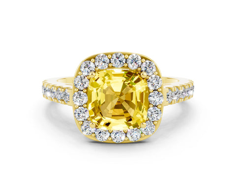 Yellow gold Cushion Cut Halo Diamond Ring with Pavé Band and Three-Prong Setting