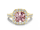 Yellow gold Cushion Cut Halo Diamond Ring with Pavé Band and Three-Prong Setting