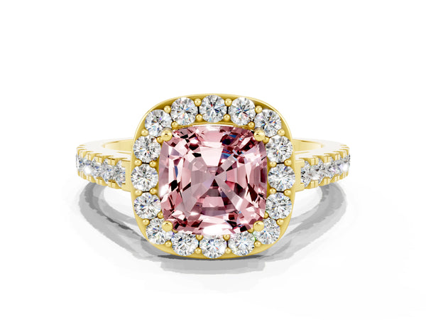 Yellow gold Cushion Cut Halo Diamond Ring with Pavé Band and Three-Prong Setting