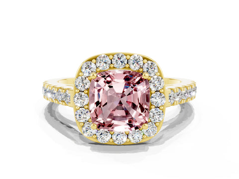Yellow gold Cushion Cut Halo Diamond Ring with Pavé Band and Three-Prong Setting