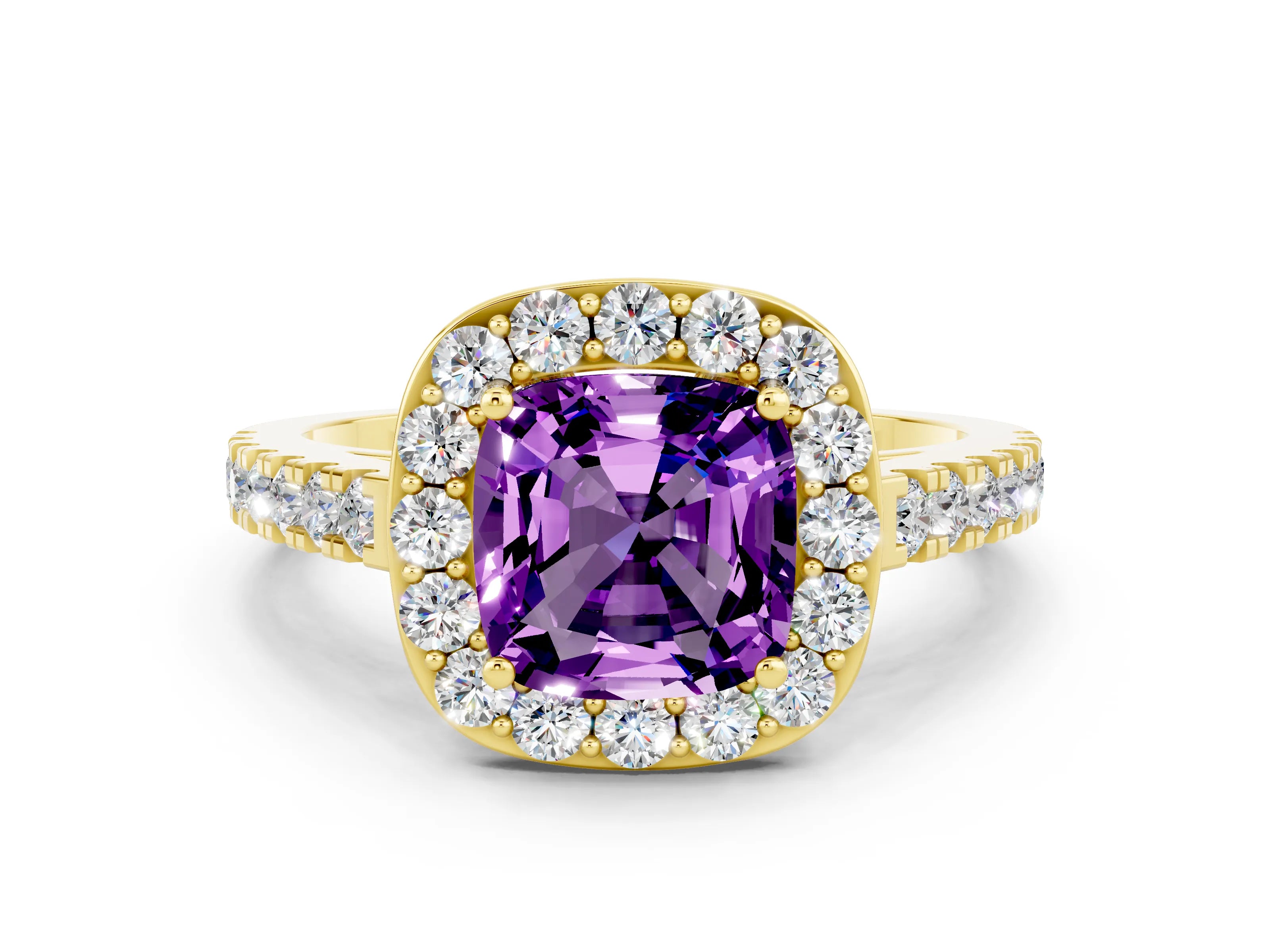 Yellow gold Cushion Cut Halo Diamond Ring with Pavé Band and Three-Prong Setting