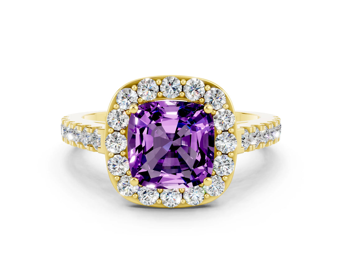 Yellow gold Cushion Cut Halo Diamond Ring with Pavé Band and Three-Prong Setting