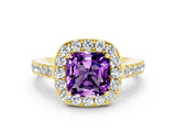 Yellow gold Cushion Cut Halo Diamond Ring with Pavé Band and Three-Prong Setting