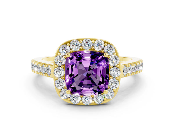 Yellow gold Cushion Cut Amethyst Halo Ring with Round Pavé Split Shank and Prong Setting