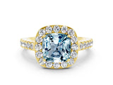 Yellow gold Cushion Cut Halo Diamond Ring with Pavé Band and Three-Prong Setting