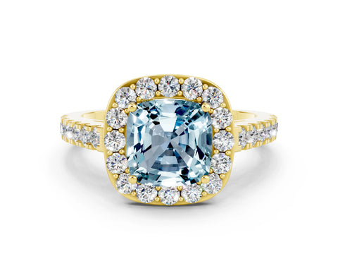 Yellow gold Cushion Cut Halo Diamond Ring with Pavé Band and Three-Prong Setting