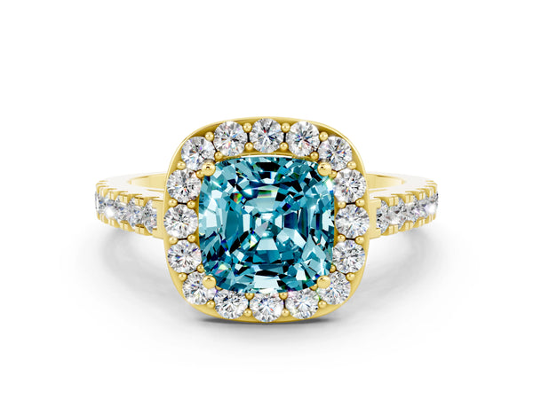 Yellow gold Cushion Cut Halo Diamond Ring with Pavé Band and Three-Prong Setting