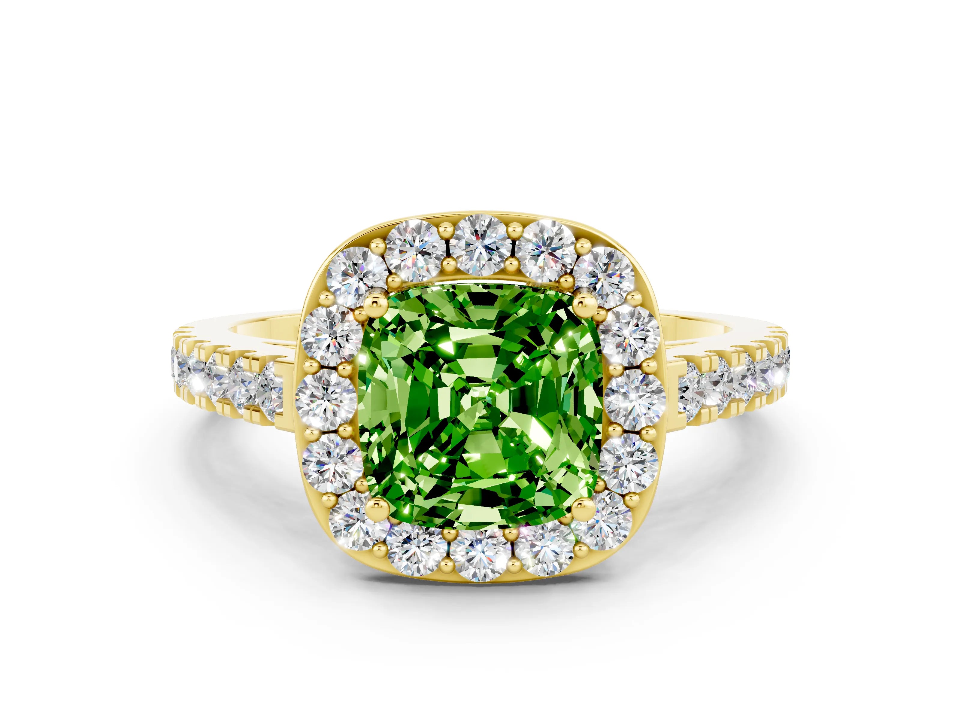 Yellow gold Cushion Cut Halo Diamond Ring with Pavé Band and Three-Prong Setting