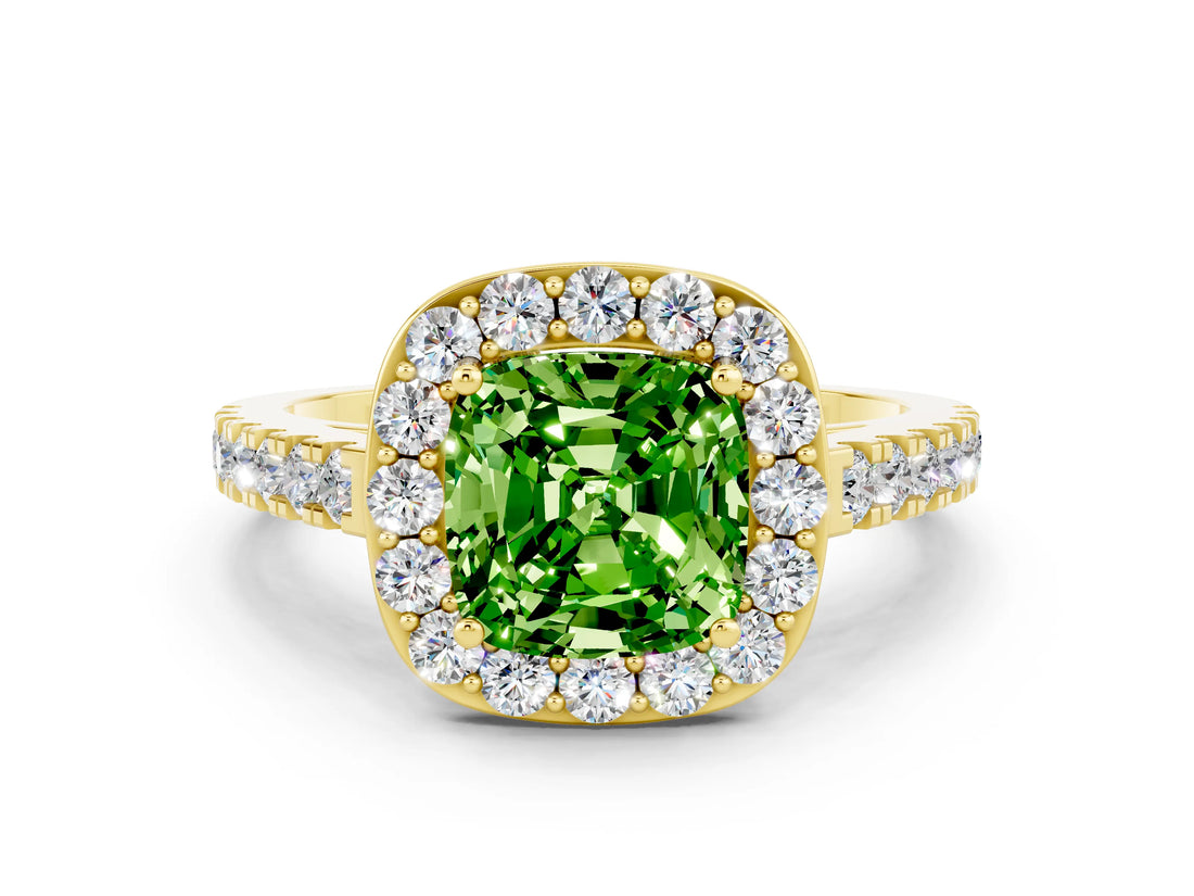 Yellow gold Cushion Cut Halo Diamond Ring with Pavé Band and Three-Prong Setting