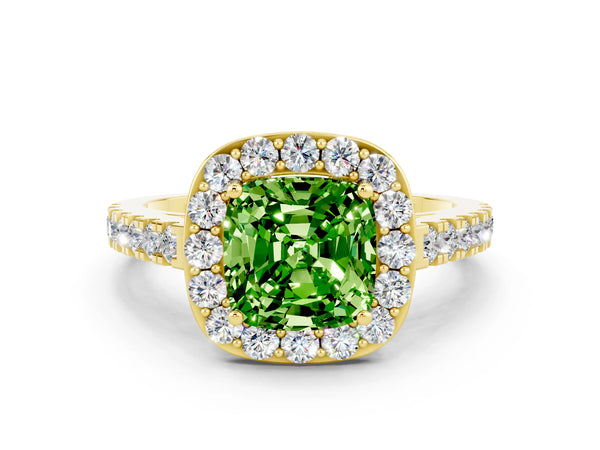 Yellow gold Cushion Cut Halo Diamond Ring with Pavé Band and Three-Prong Setting