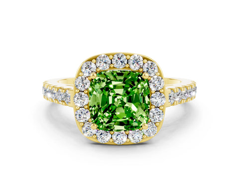 Yellow gold Cushion Cut Halo Diamond Ring with Pavé Band and Three-Prong Setting