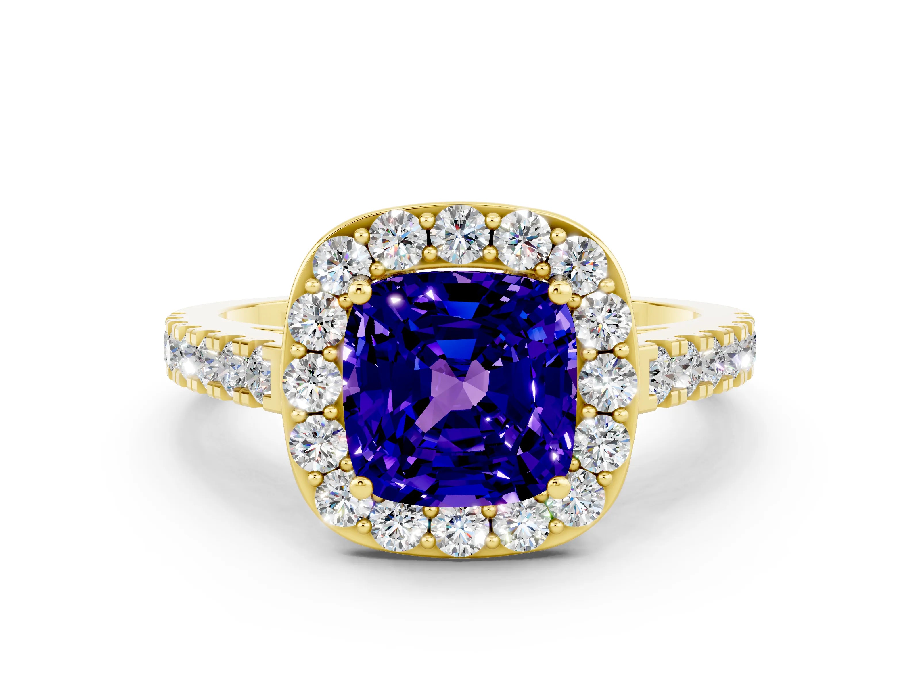 Yellow gold Cushion Cut Halo Diamond Ring with Pavé Band and Three-Prong Setting