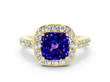 Yellow gold Cushion Cut Halo Diamond Ring with Pavé Band and Three-Prong Setting