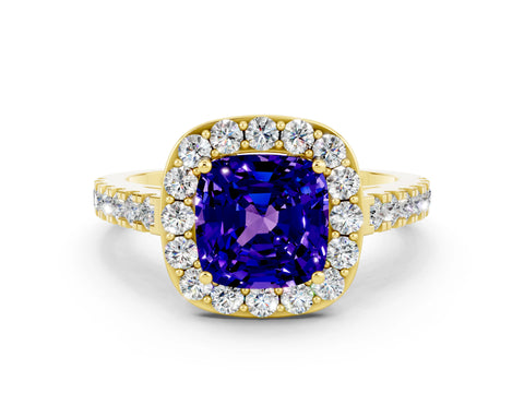 Yellow gold Cushion Cut Halo Diamond Ring with Pavé Band and Three-Prong Setting