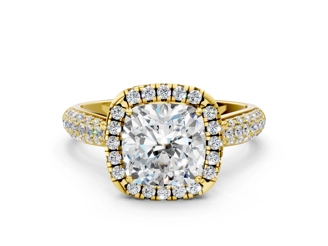 Yellow gold Cushion Cut Halo Diamond Ring with Pavé Band_22