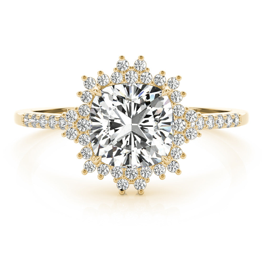 Yellow gold Cushion Cut Halo Diamond Ring with Pave Band and Four-Prong Setting 1