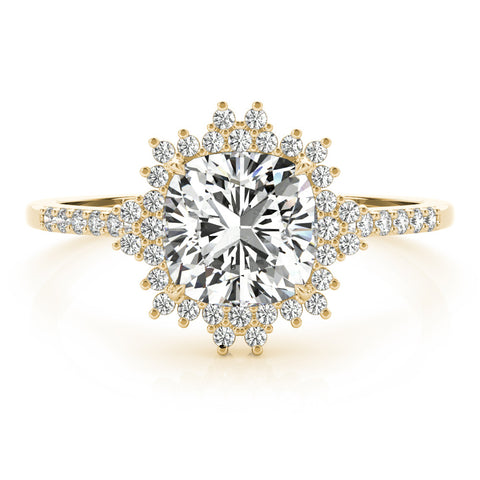 Yellow gold Cushion Cut Halo Diamond Ring with Pave Band and Four-Prong Setting 1