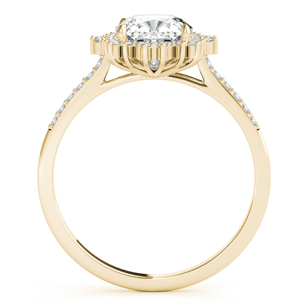 Yellow gold Cushion Cut Halo Diamond Ring with Pave Band and Four-Prong Setting 2
