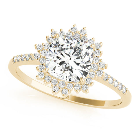 Yellow gold Cushion Cut Halo Diamond Ring with Pave Band and Four-Prong Setting