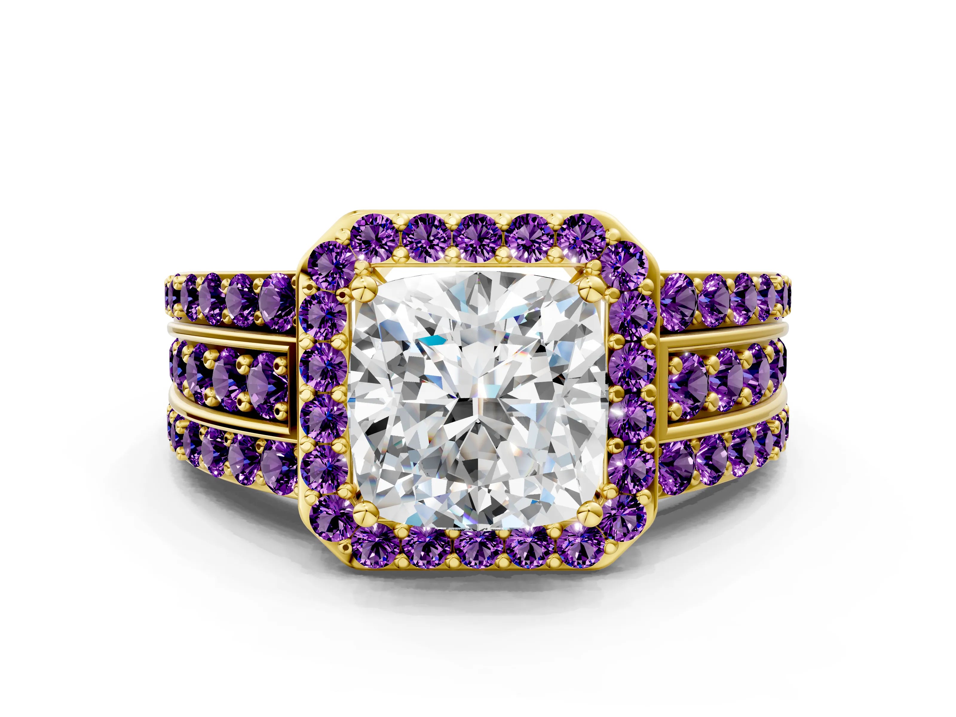 Yellow gold Cushion Cut Halo Diamond Ring with Round with Amethyst side stone Split Shank and Prong Setting