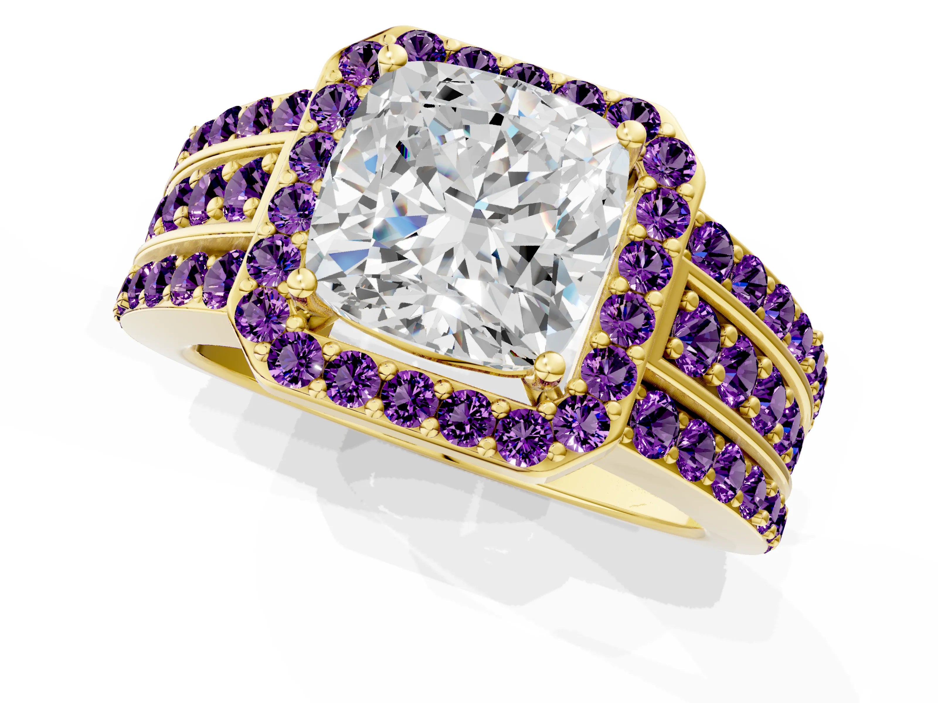 Yellow gold Cushion Cut Halo Diamond Ring with Round with Amethyst side stone Split Shank and Prong Setting_1