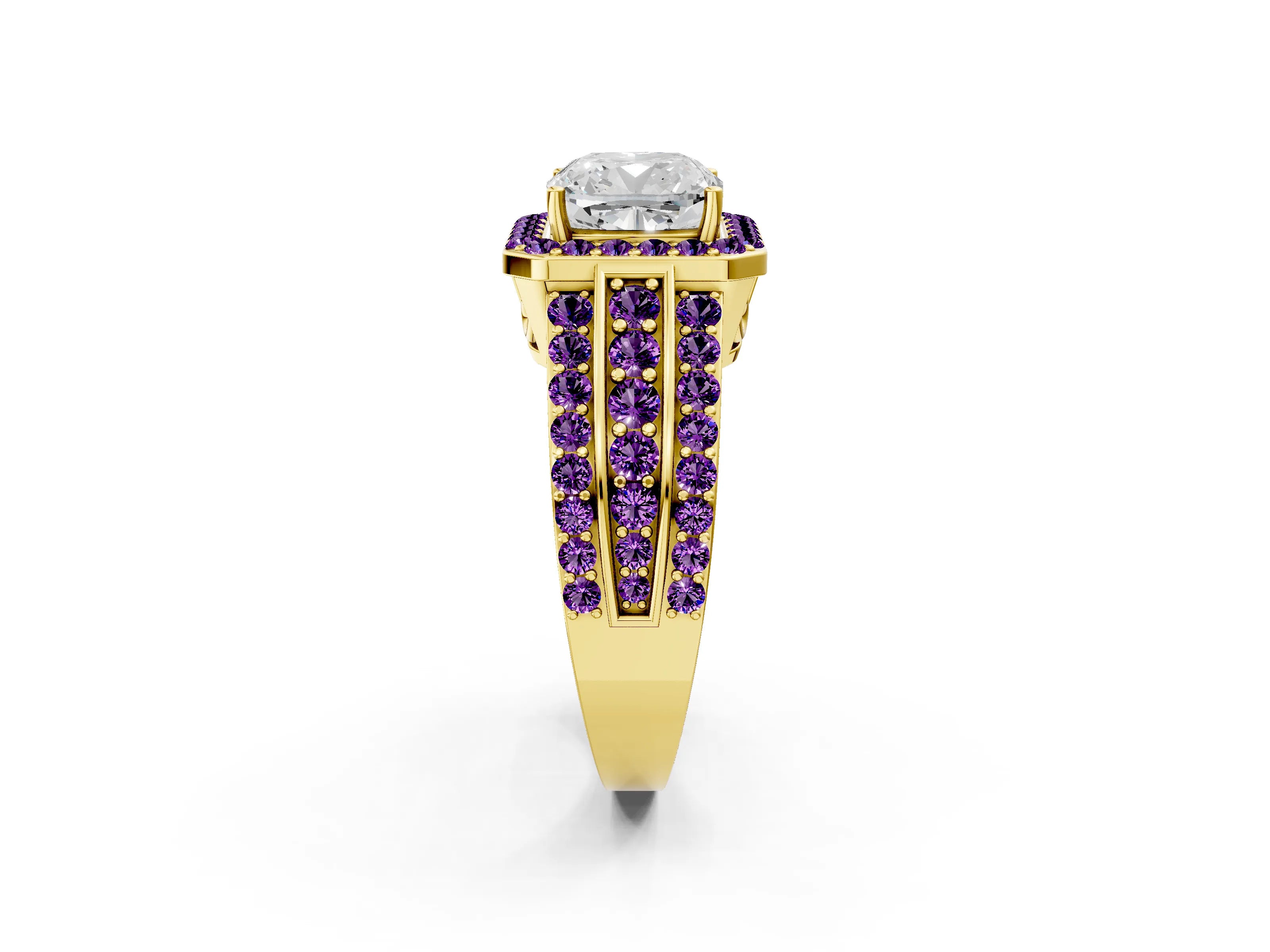 Yellow gold Cushion Cut Halo Diamond Ring with Round with Amethyst side stone Split Shank and Prong Setting_2