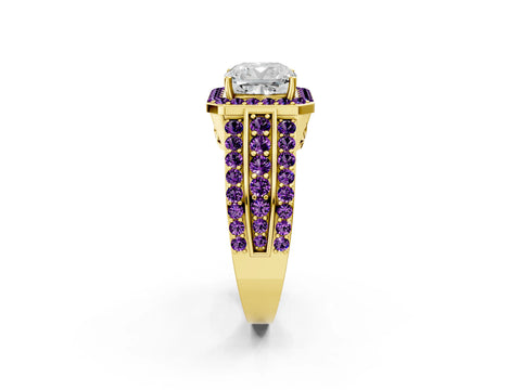 Yellow gold Cushion Cut Halo Diamond Ring with Round with Amethyst side stone Split Shank and Prong Setting_2
