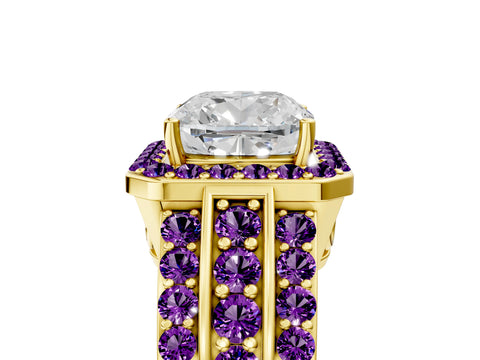Yellow gold Cushion Cut Halo Diamond Ring with Round with Amethyst side stone Split Shank and Prong Setting_5