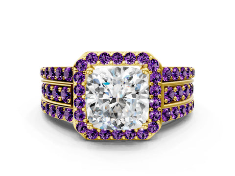 Yellow gold Cushion Cut Halo Diamond Ring with Round with Amethyst side stone Split Shank and Prong Setting