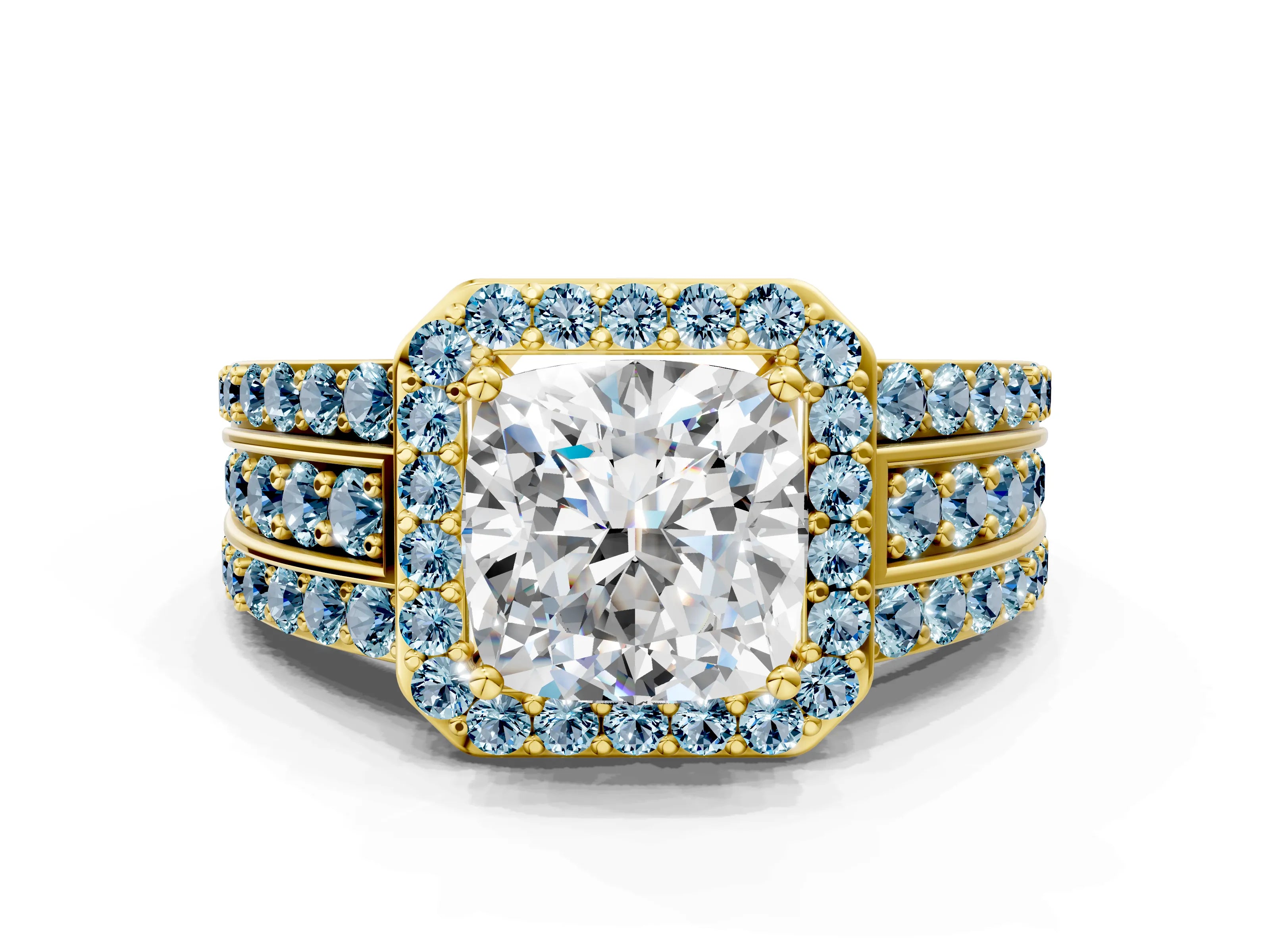 Yellow gold Cushion Cut Halo Diamond Ring with Round with Aquamarine side stone Split Shank and Prong Setting