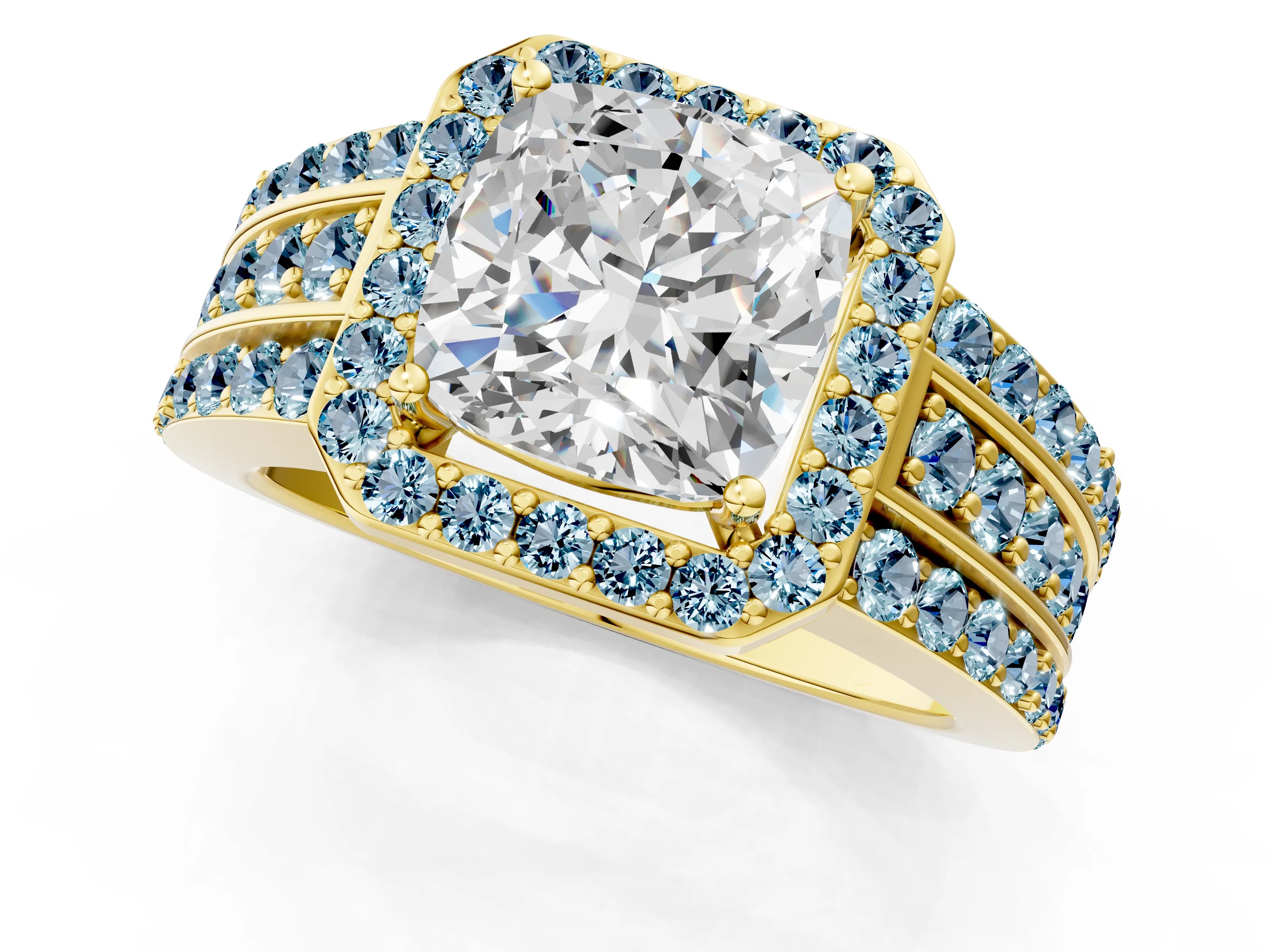 Yellow gold Cushion Cut Halo Diamond Ring with Round with Aquamarine side stone Split Shank and Prong Setting_1