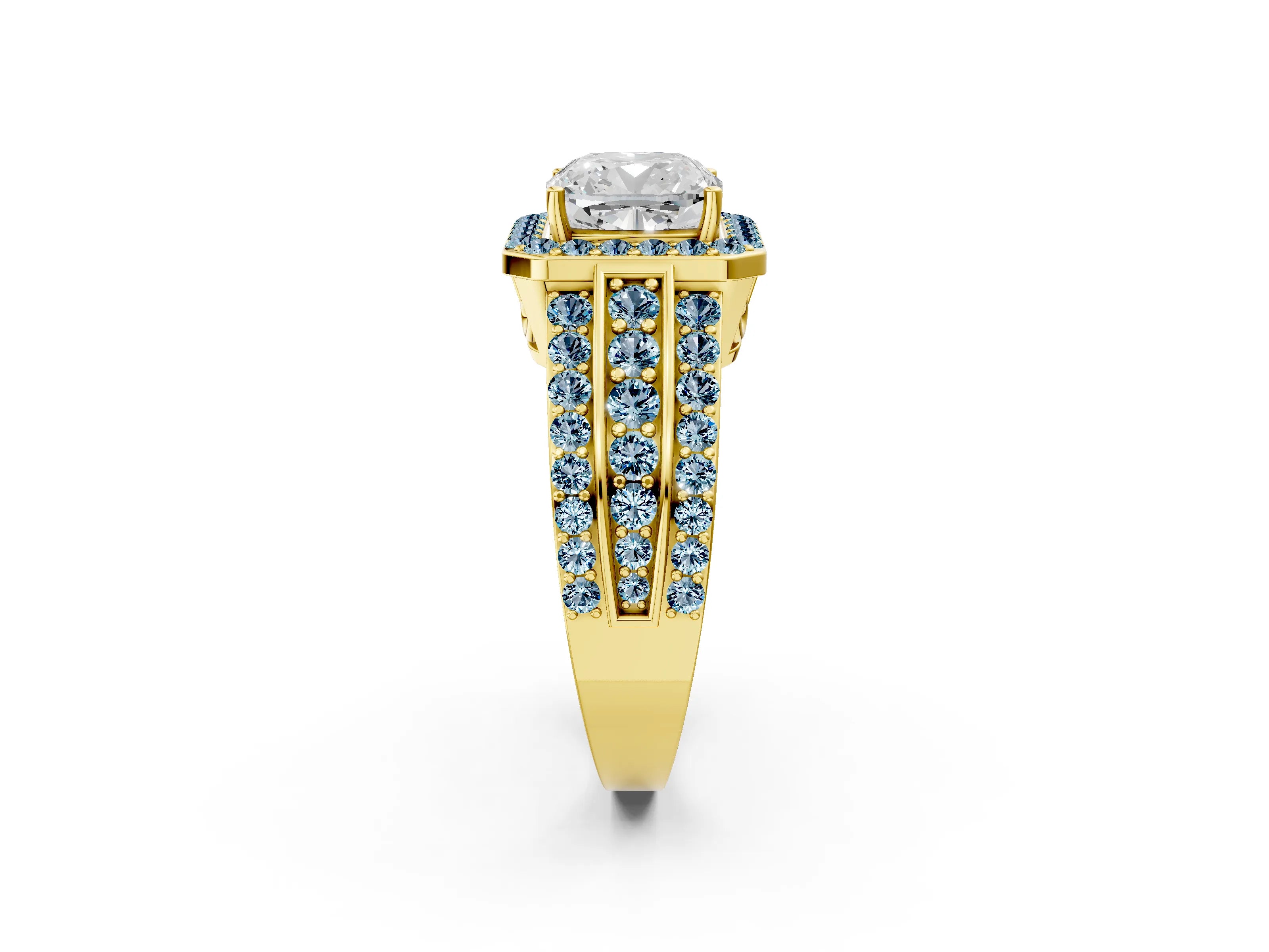 Yellow gold Cushion Cut Halo Diamond Ring with Round with Aquamarine side stone Split Shank and Prong Setting_2